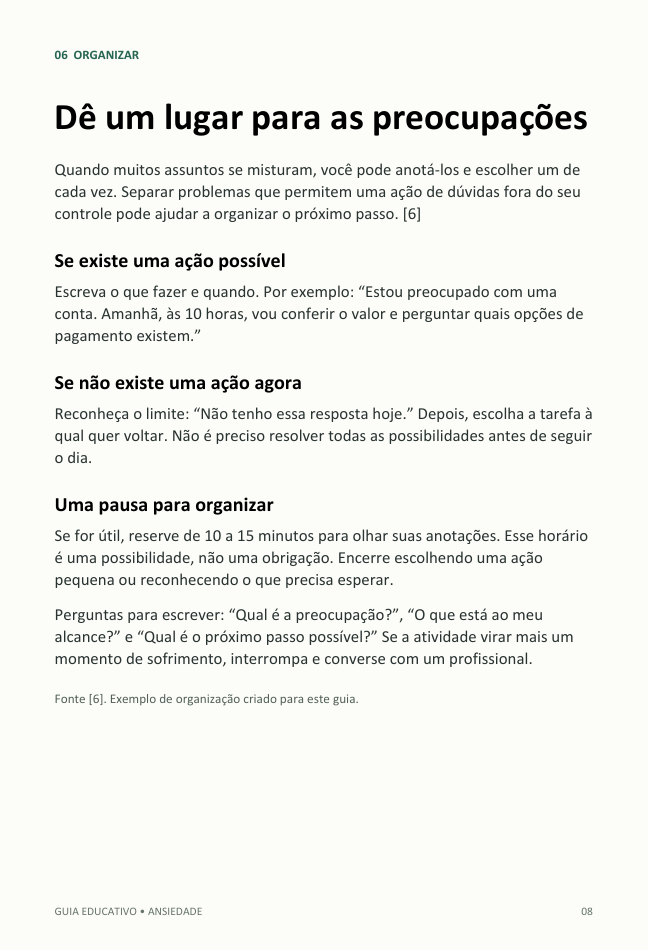 Página real do e-book intitulada Dê um lugar para as preocupações